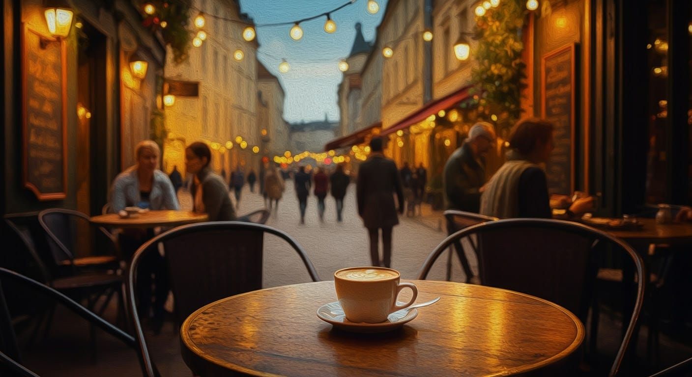 Cozy Morning at a Bustling Street-Side Café in Impressionist...