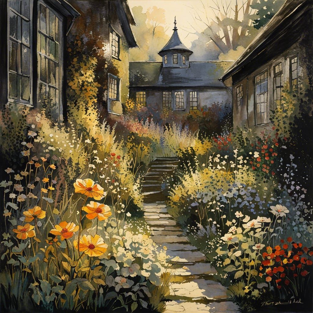 Sunlit Garden in Shadowy Backyard: Watercolor Style