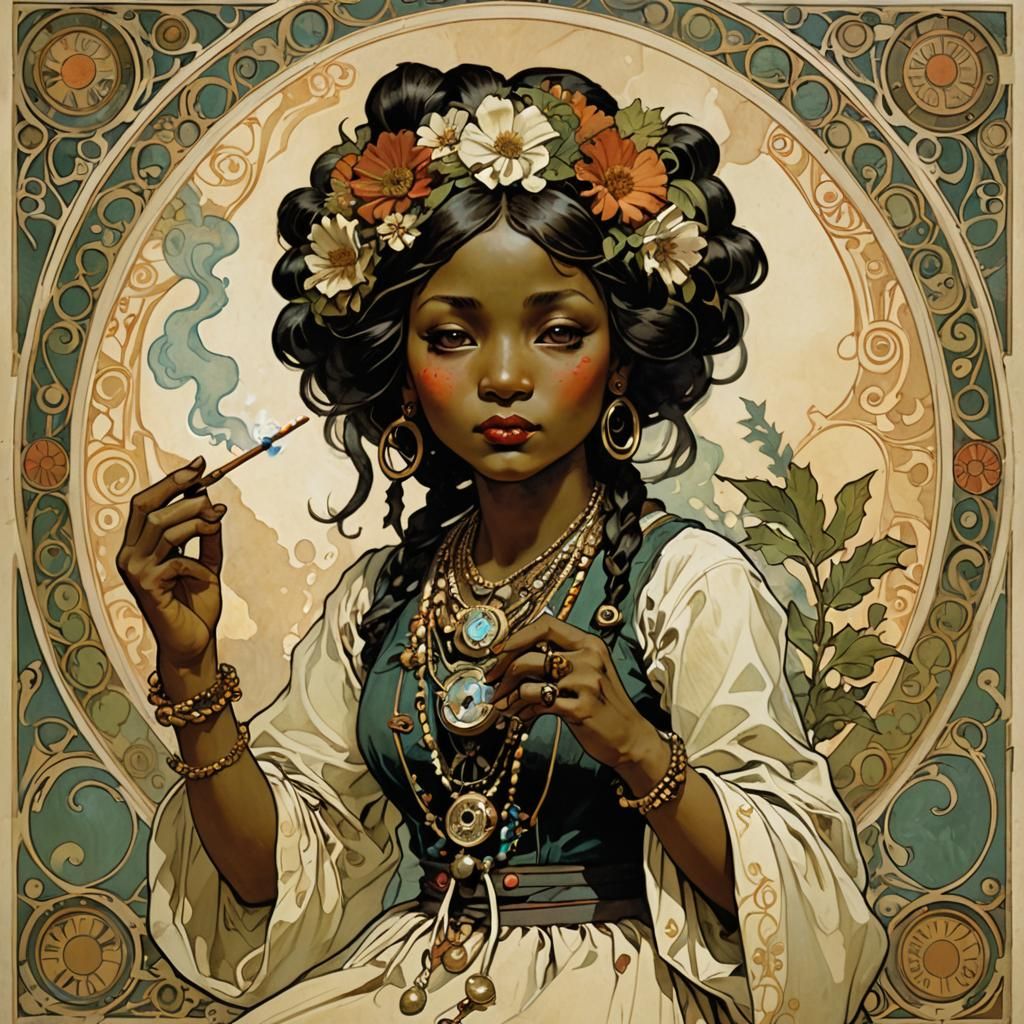 Voodoo Doll Smoking Joint in Art Nouveau Style
