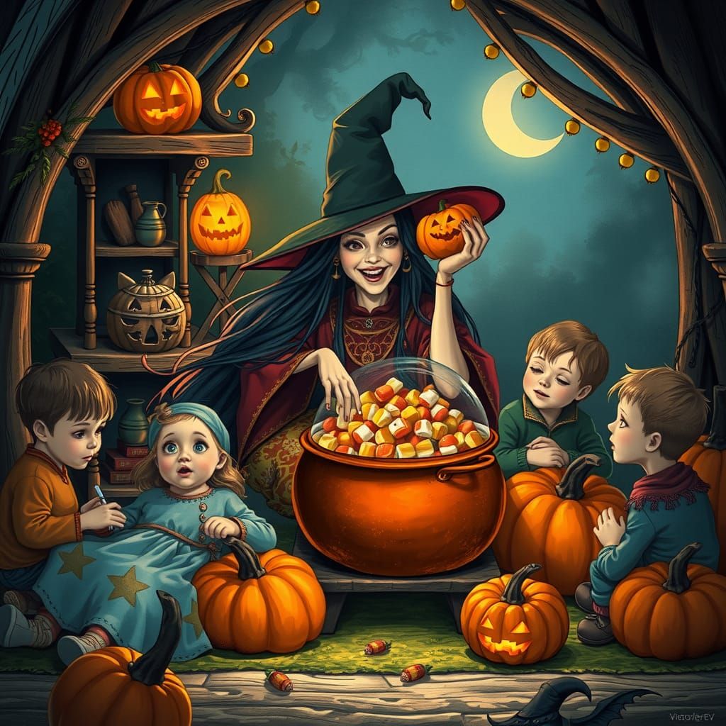 Witch and Children Celebrate Halloween: Storybook Illustrati...