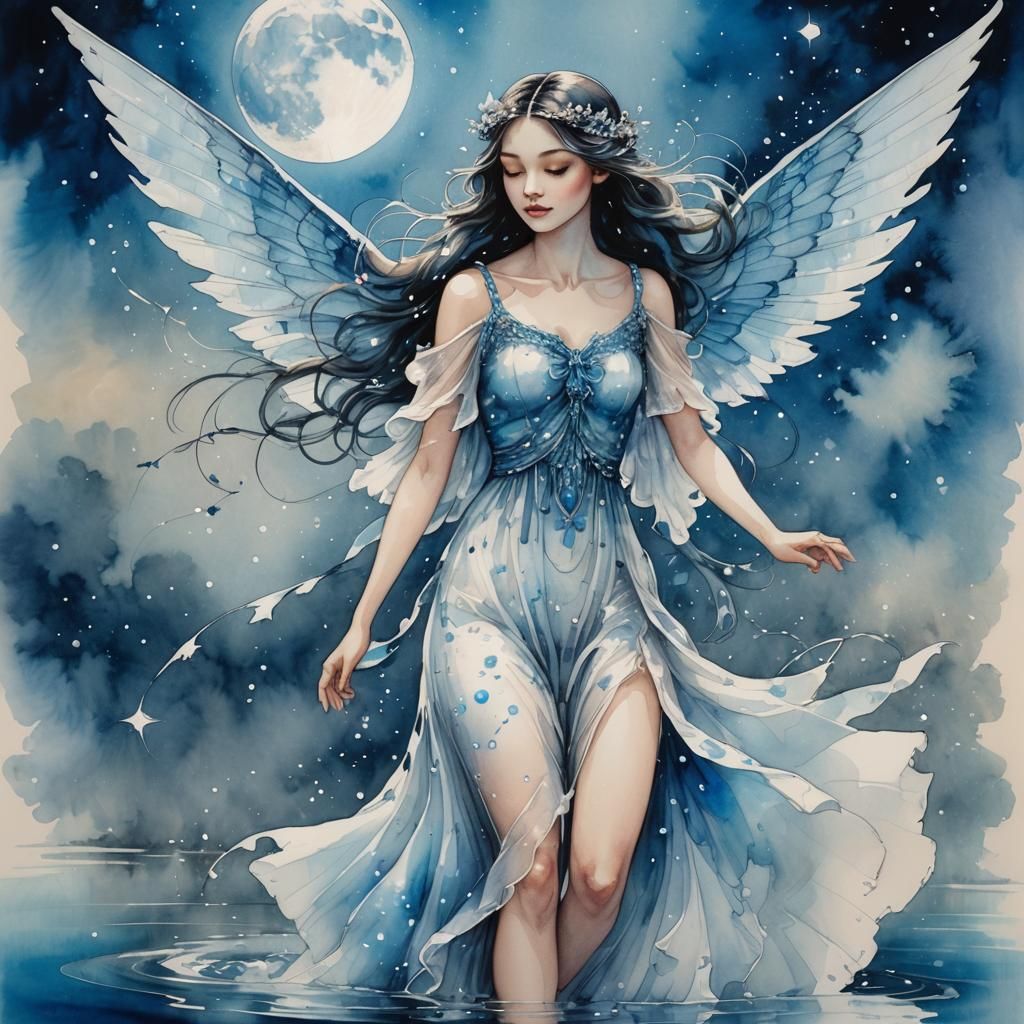 Ethereal Fairy with Blue Wings: Ink Painting