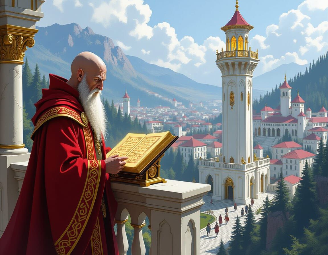 Contemplative Wizard Overlooking Fantasy School Campus