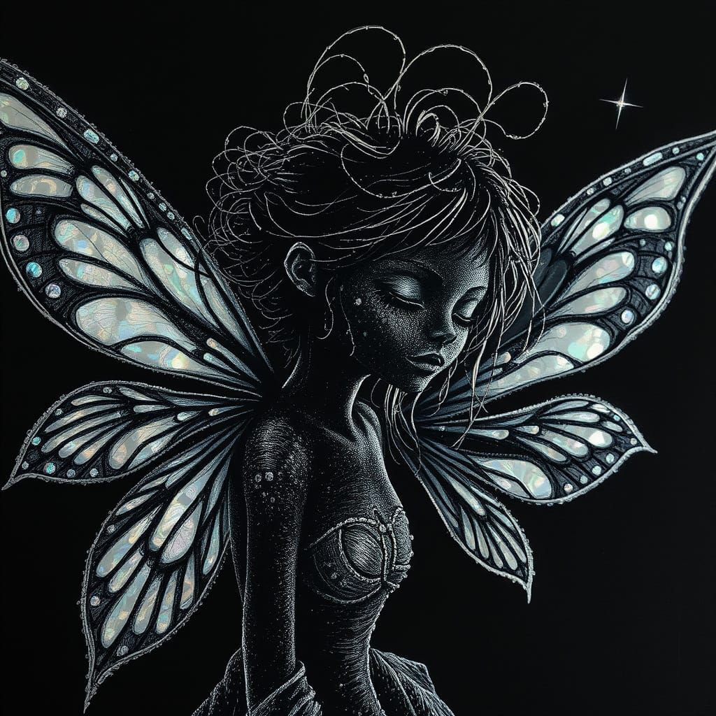 Whimsical Fairy Portrait in Scratch Art Style