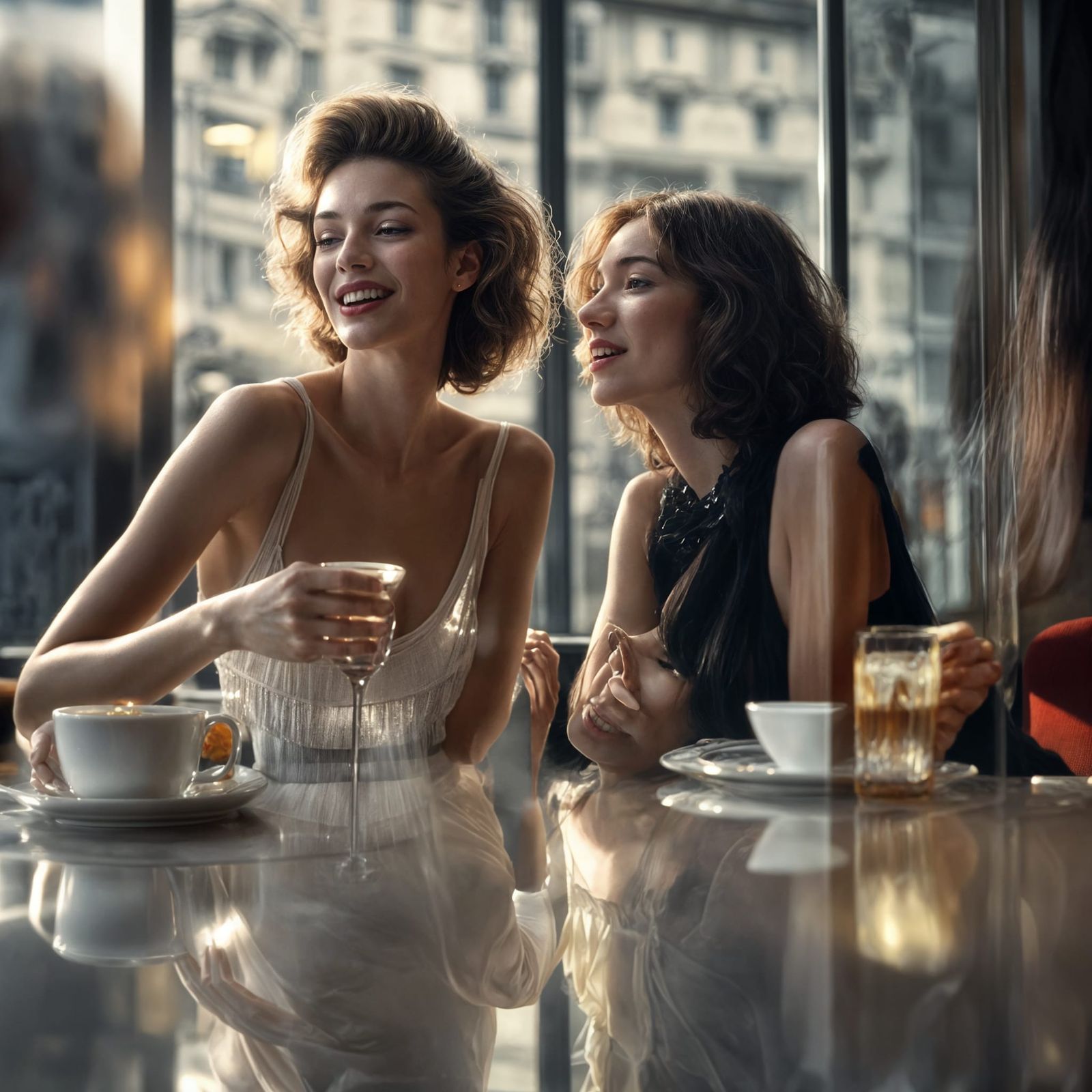 Photorealistic Portrait of Woman in Cafe with 3D Art