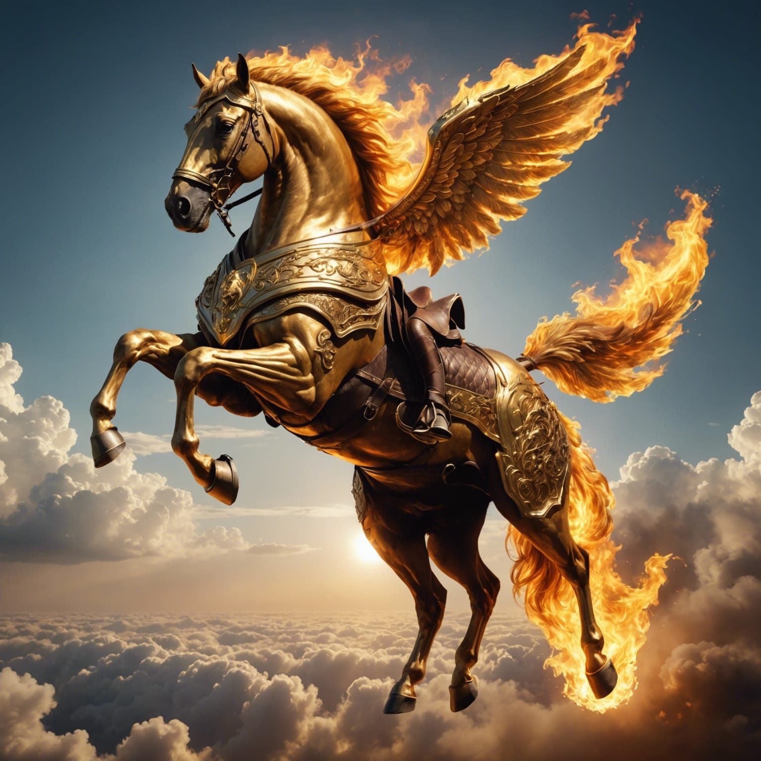 Fiery Armored Horse Flying in the Sky