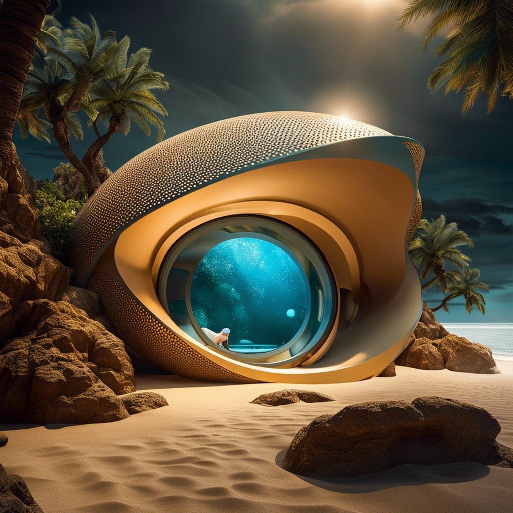 Futuristic Biomimicry Beach House with Bioluminescent Detail...