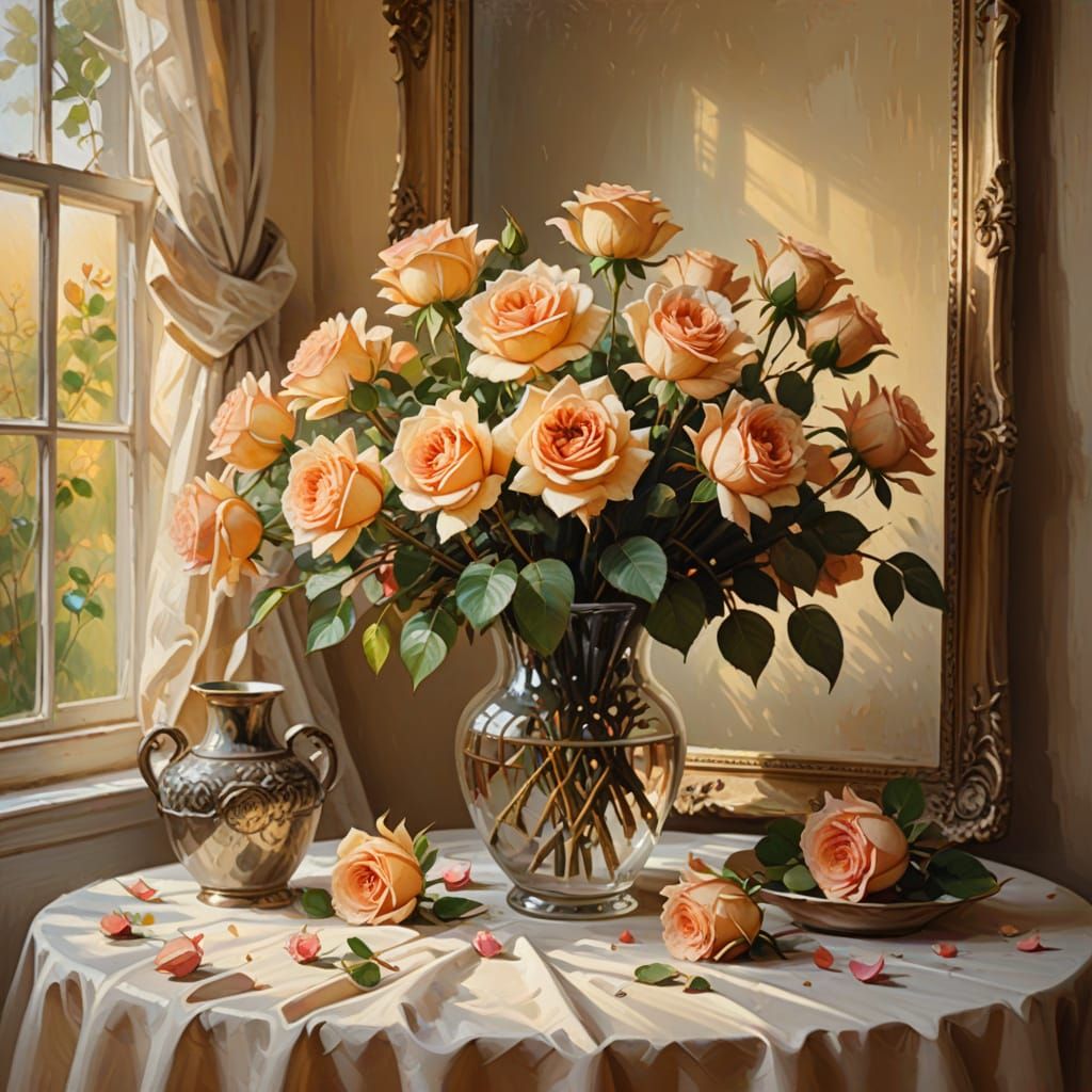 Romanticism Oil Painting: Roses in Vase