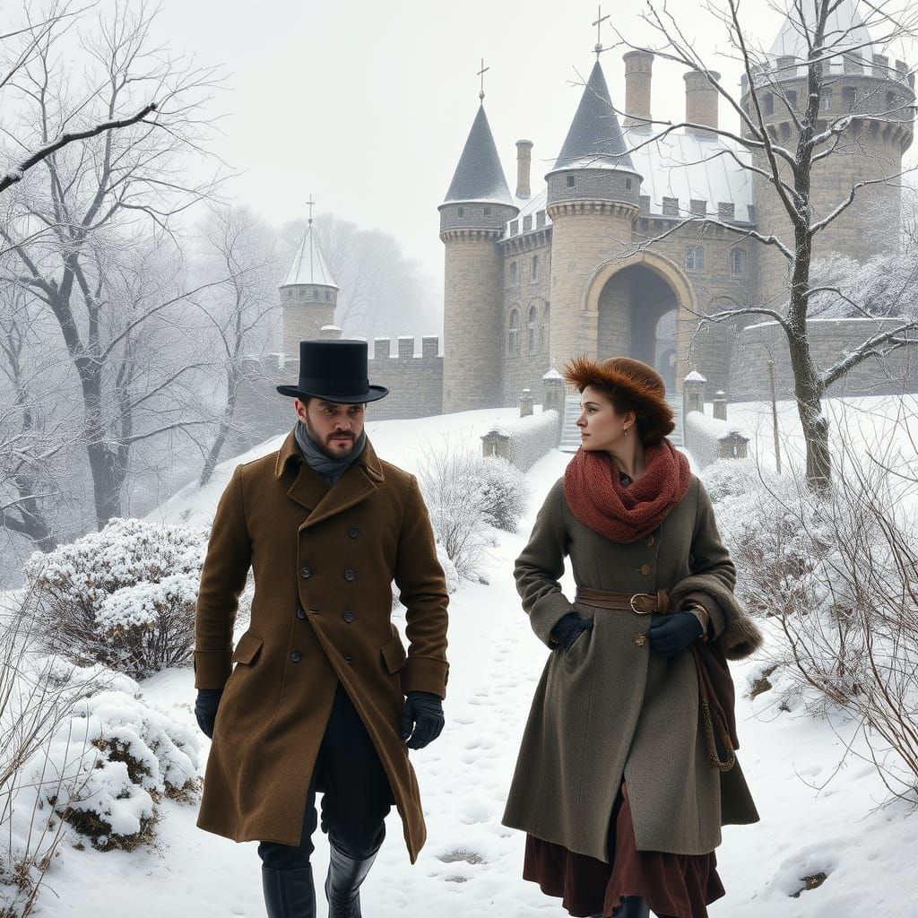 19th Century Couple in Snowy Castle Garden