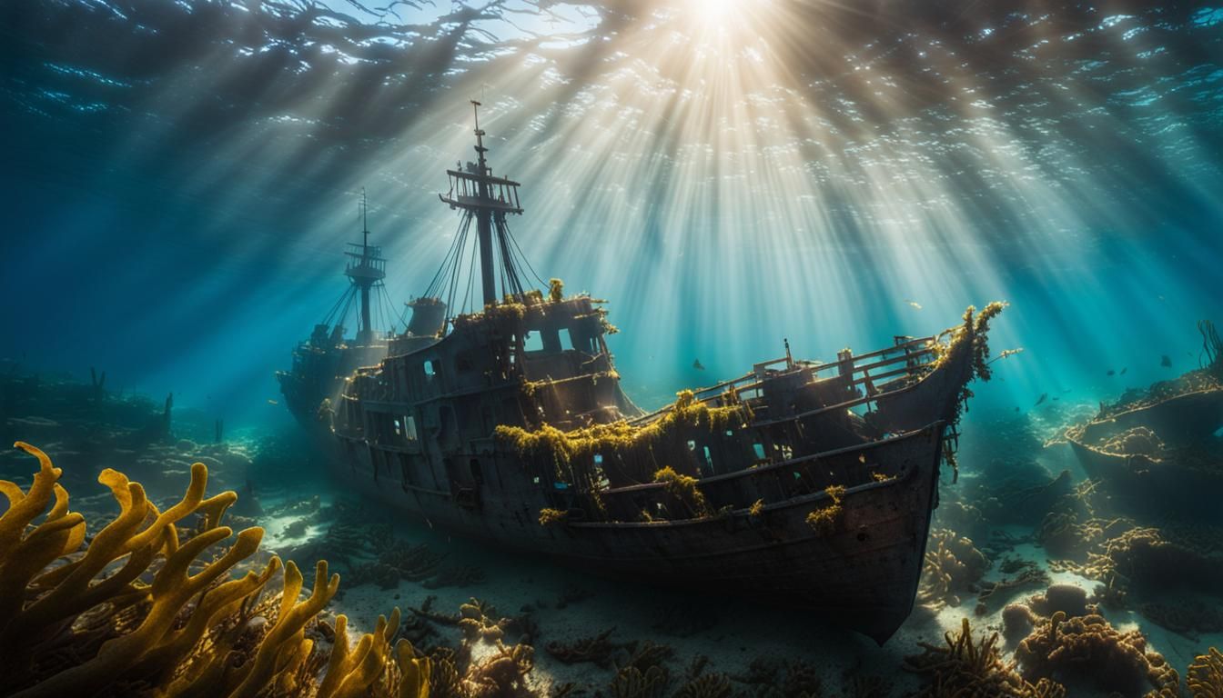 Sunlit Shipwreck in Kelp Forest: Underwater Seascape