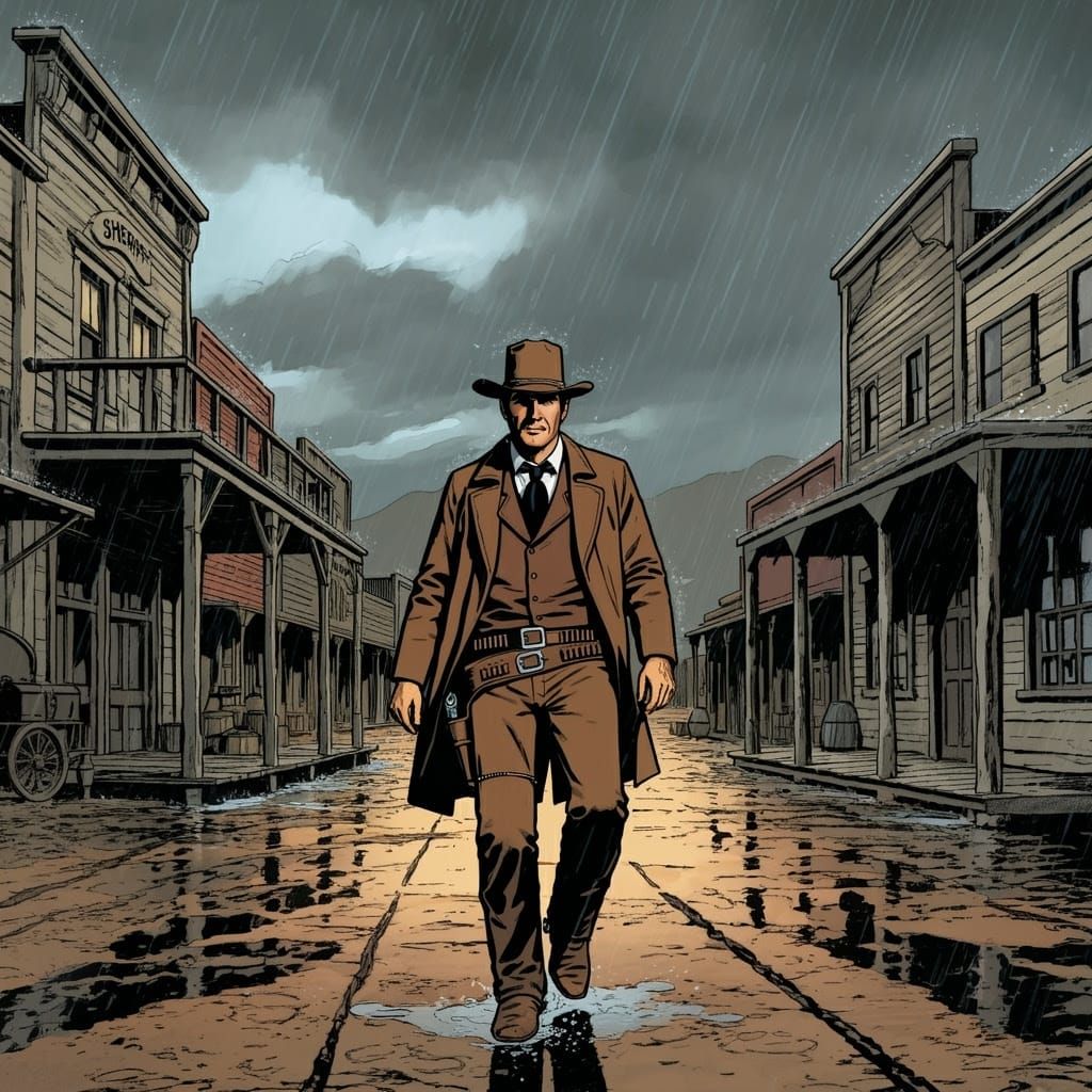 Marshall Matt Dillon from tv show Gunsmoke is seen in a long shot walking across the dirt street of Dodge City from the ...