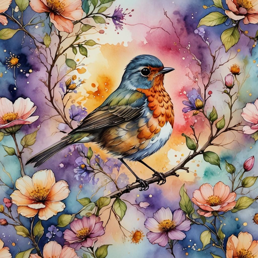 Robin in Watercolor with Sunrise Flower Background