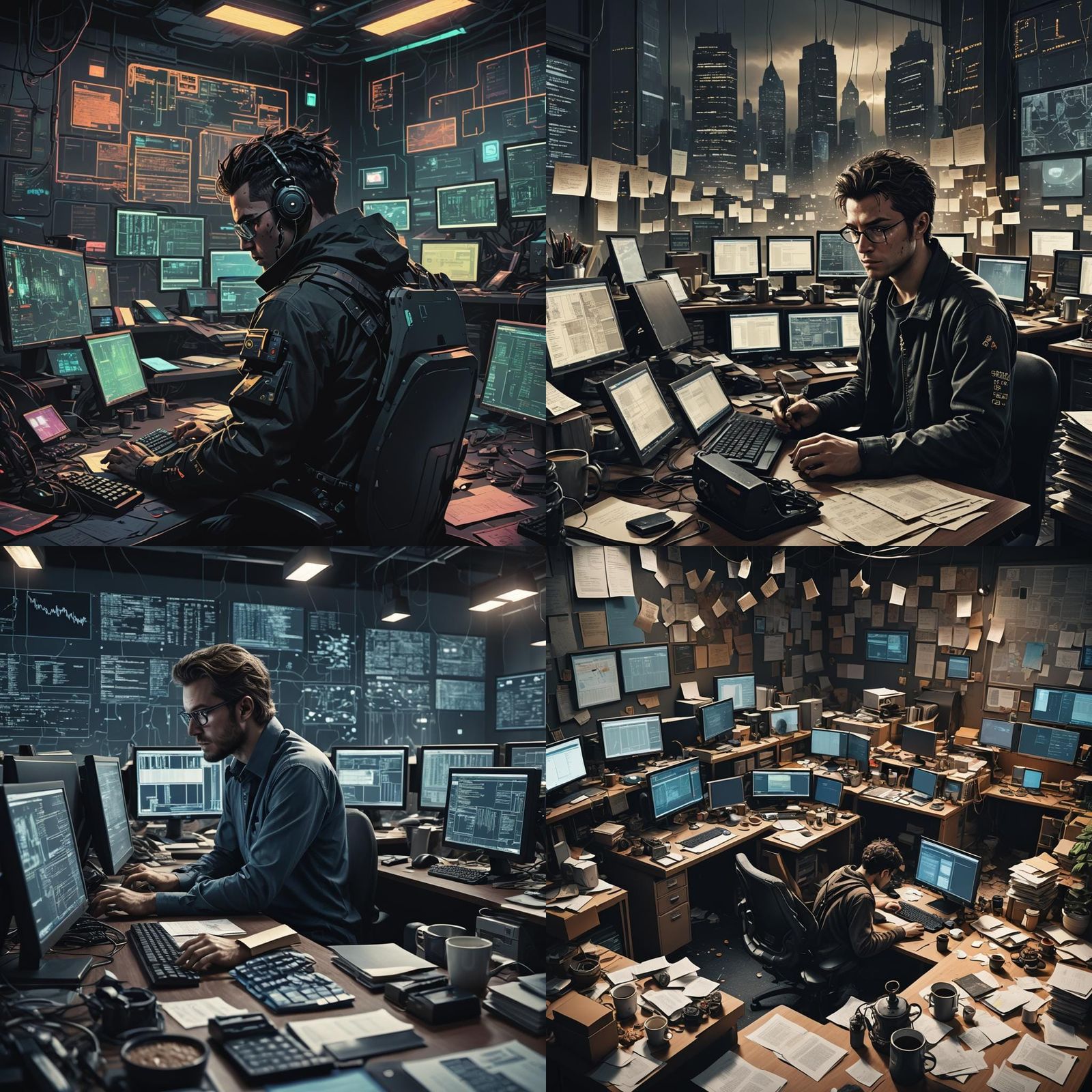 Stressed Programmer Working Late in Dimly Lit Office