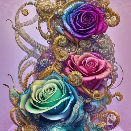 Rainbow Satin Roses in Elaborate Ink Illustration