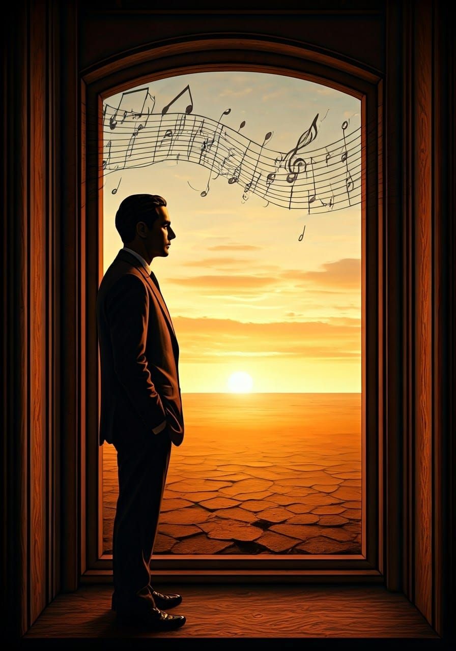 Sophisticated Man Gazing Out in Sunset Glow, in Surrealist S...