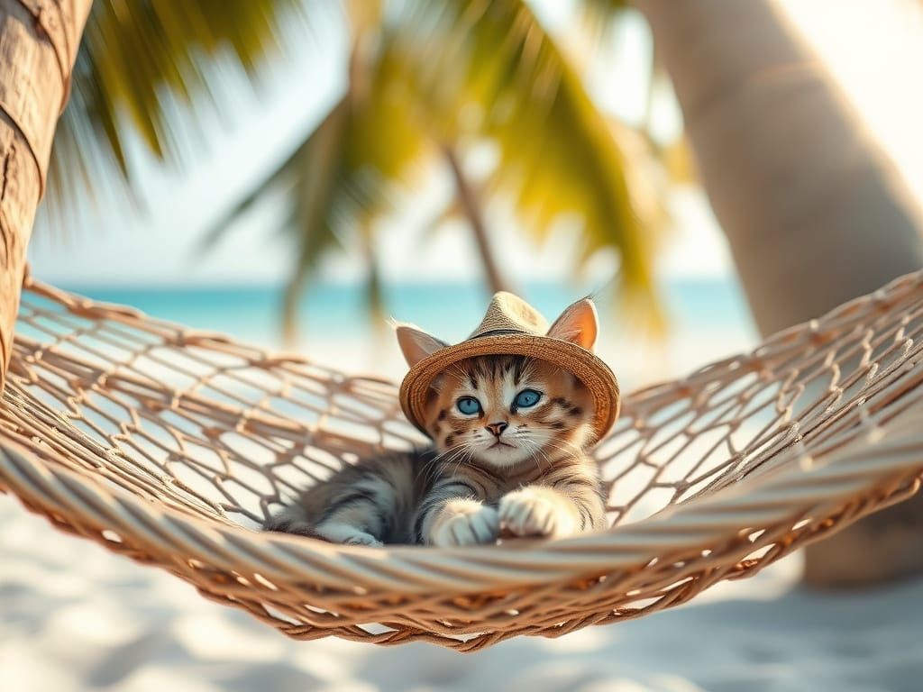 Kitten in Hammock on White Sand Beach
