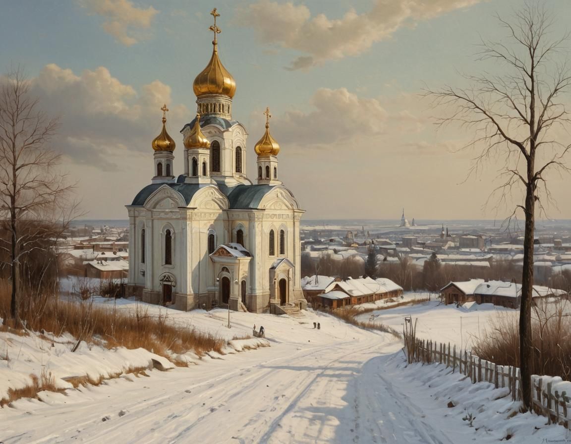 Detailed Russian Revival Orthodox Church in Distance