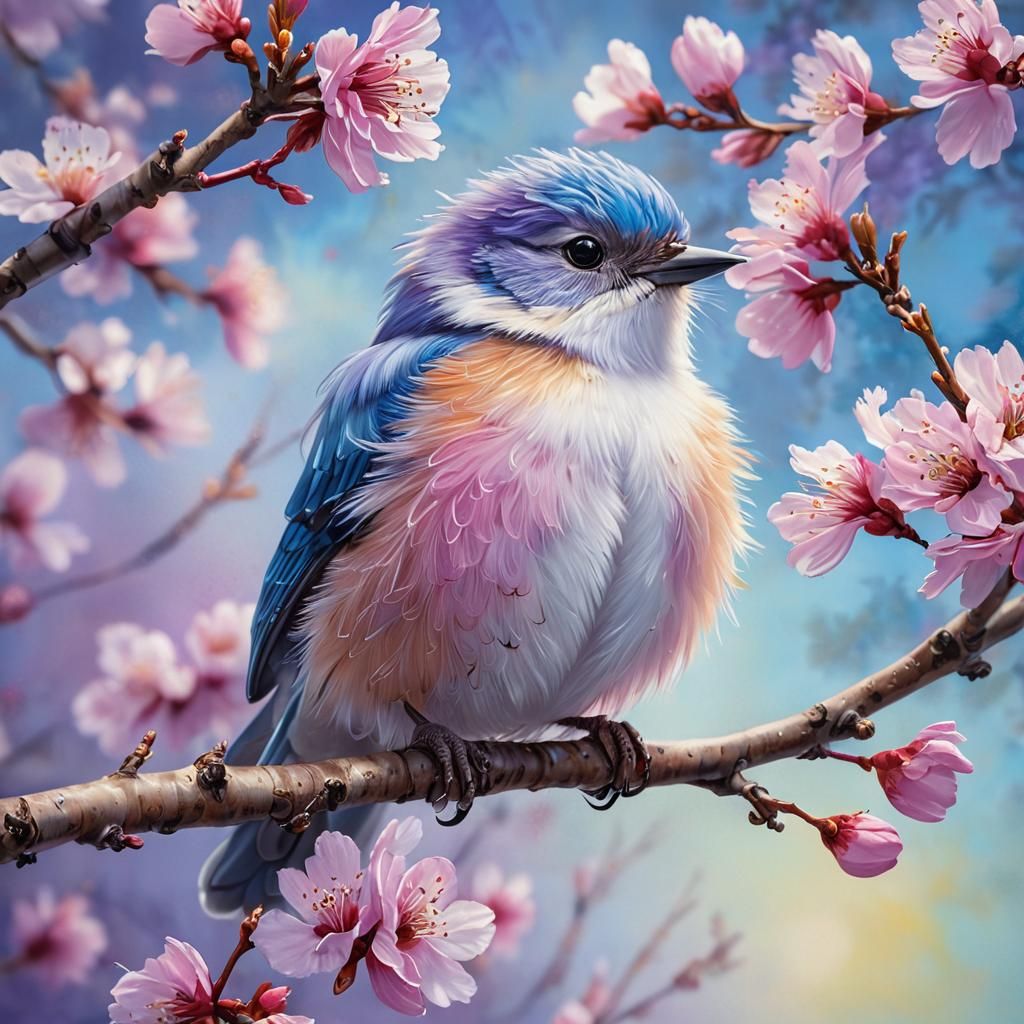 Fluffy Bird in Cherry Blossoms: Oil Painting