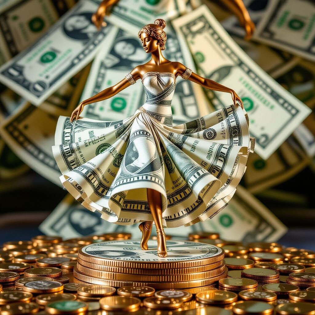 Dancer Statue Folded from Dollar Bills in Golden Light