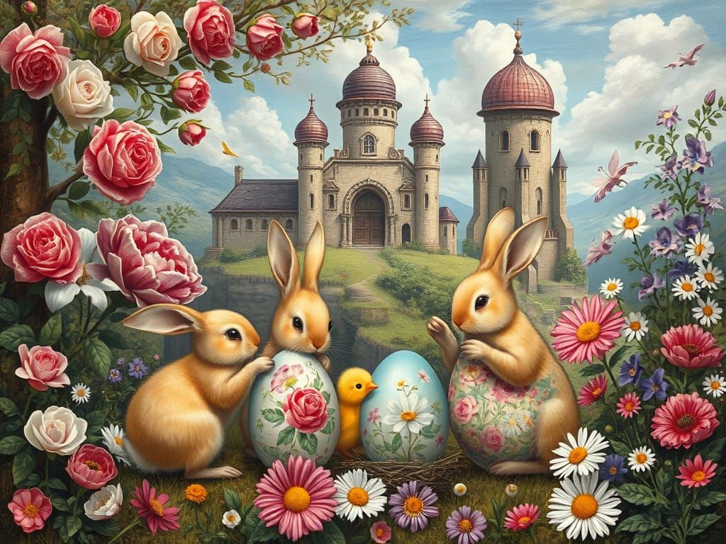 Whimsical Renaissance Landscape with Easter Egg Decorators