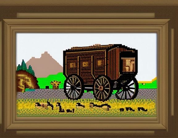 Oregon Trail Pixel Art: Covered Wagon and Buffalo