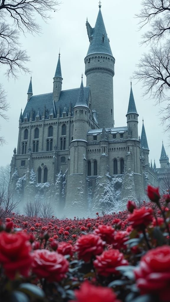 Gothic Castle with Crimson Roses: A Hyper-Realistic Fairytal...
