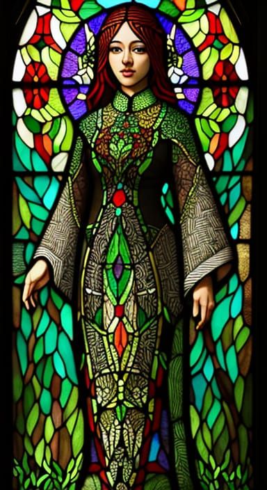 Stunning Stained Glass Lady in Vibrant Undergrowth Landscape