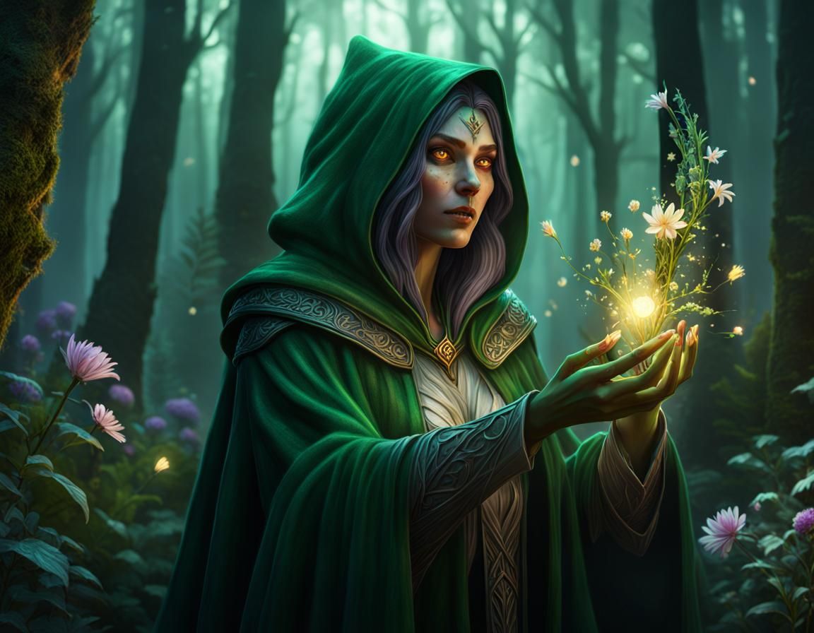 Sorceress Revives Forest Flowers with Magic