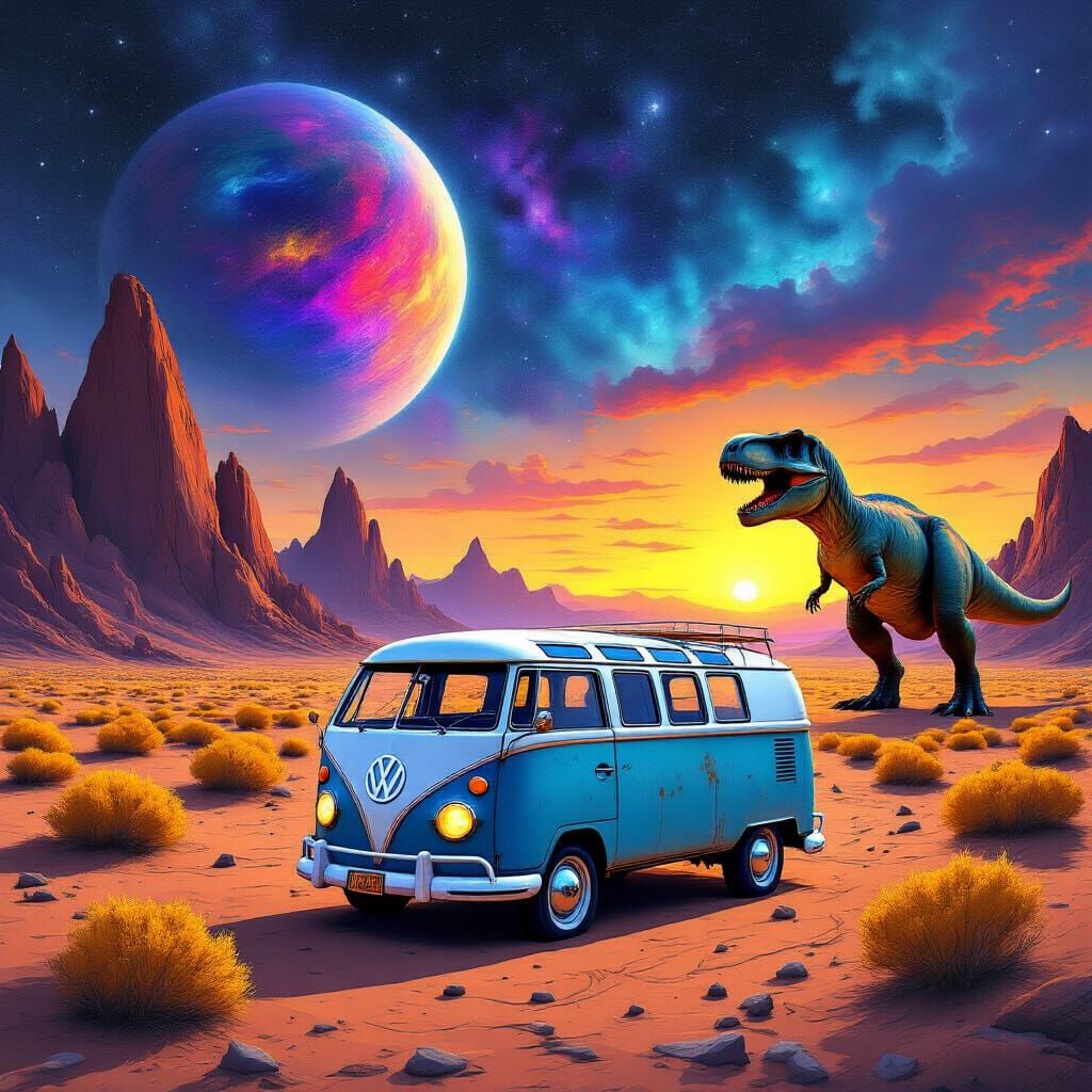 Alien Desert Landscape at Dusk with Vintage Van and T-Rex