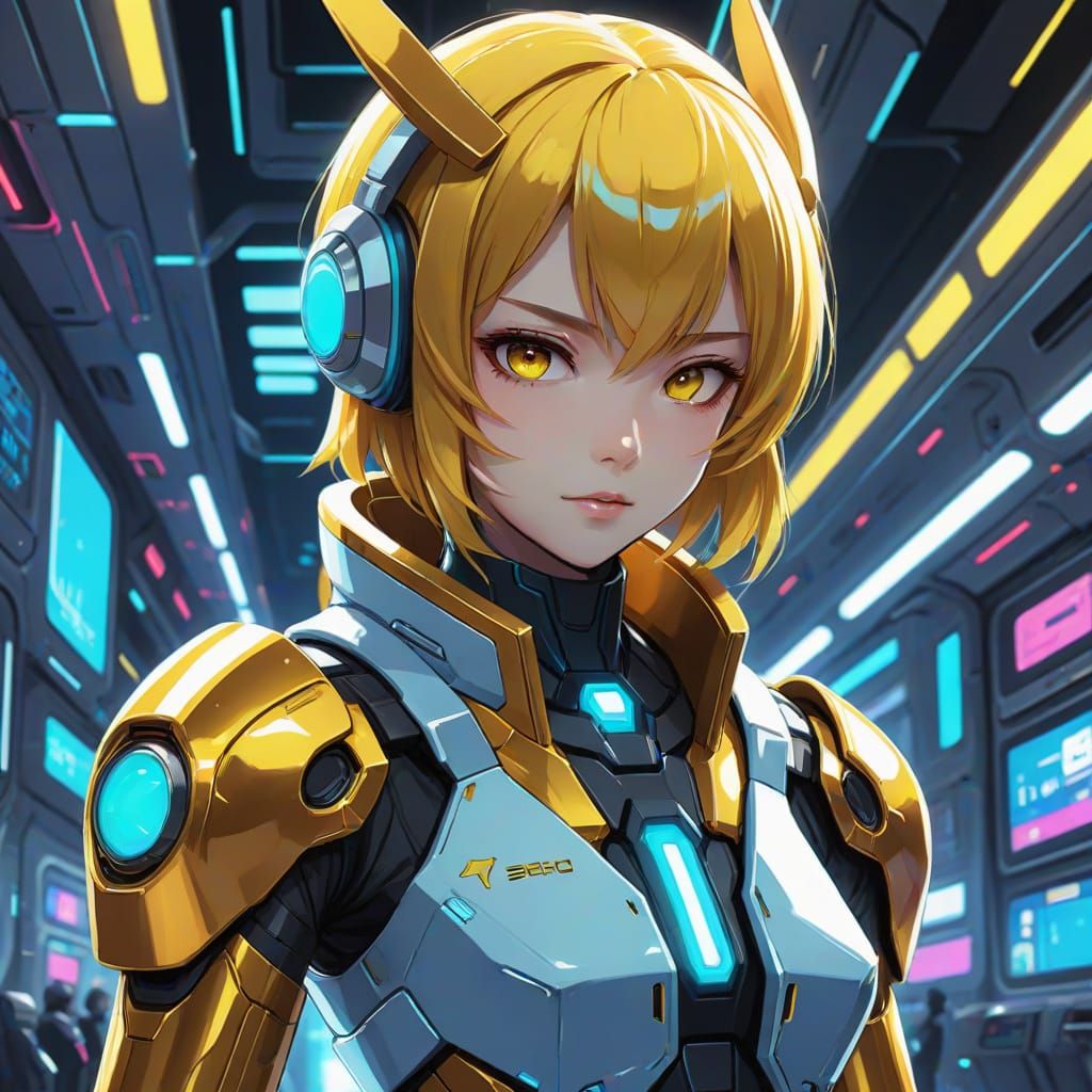 Anime-Inspired Golden Among Us Character in Futuristic Space...