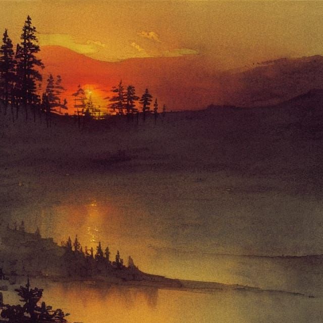 Watercolor Sunset Over Lake With Pine Forest