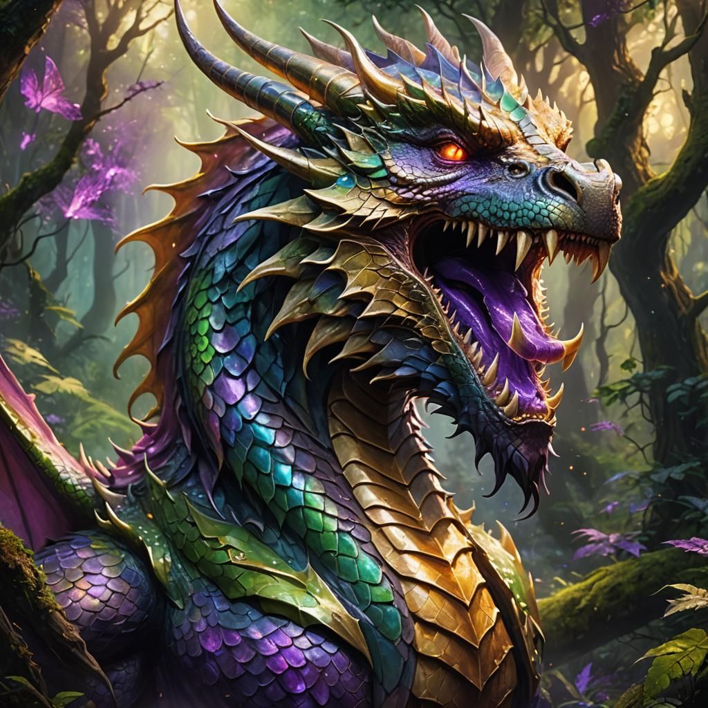 Dragon Roaring in Mystical Forest: Fantasy Art