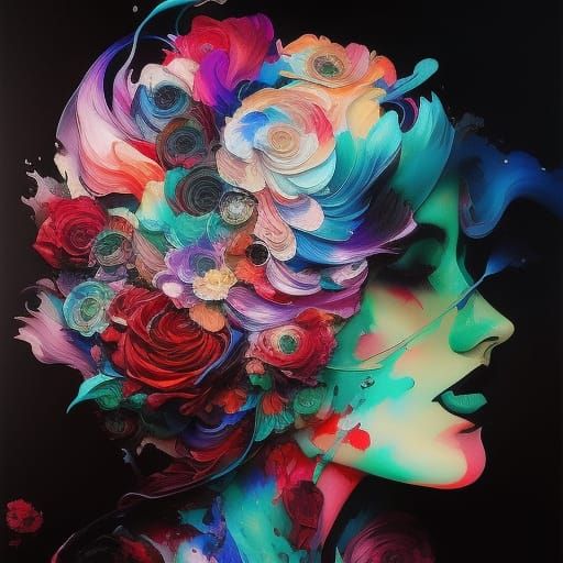 Colorful Ink Flow Portrait in Gouache Style