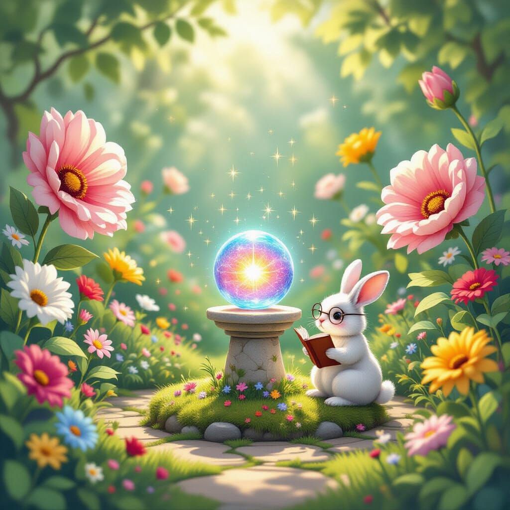 Whimsical Garden with Cosmic Orb and Reading Rabbit