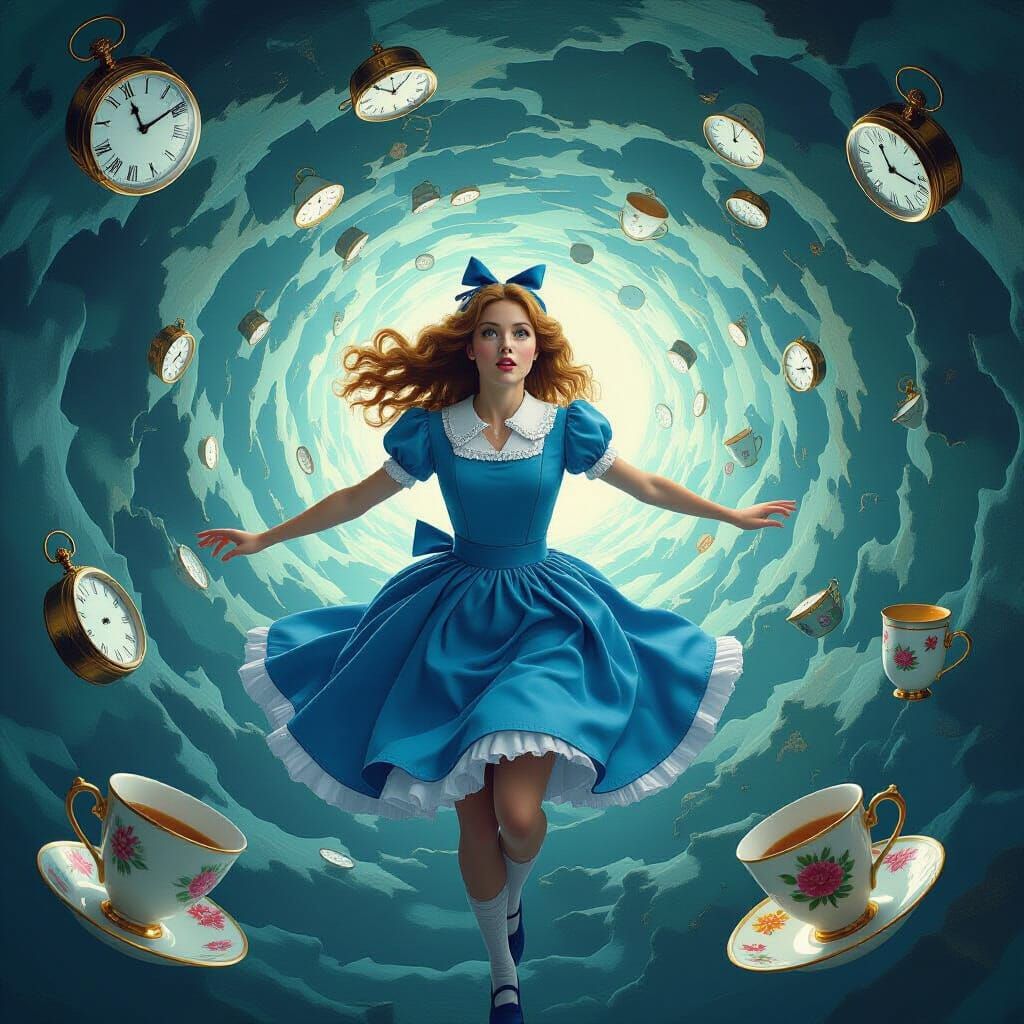 Alice in Surreal Vortex of Teacups and Watches