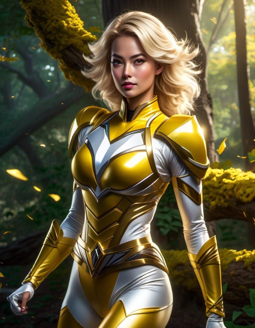 Blonde Power Ranger Soaring Through Forest