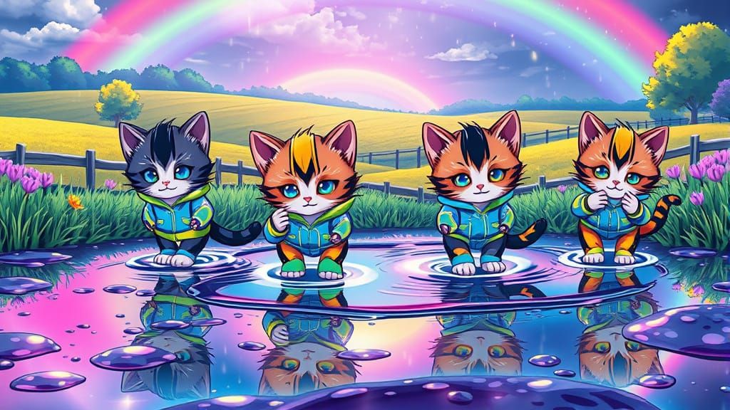Anime Kittens Playing in Rainbow Puddles