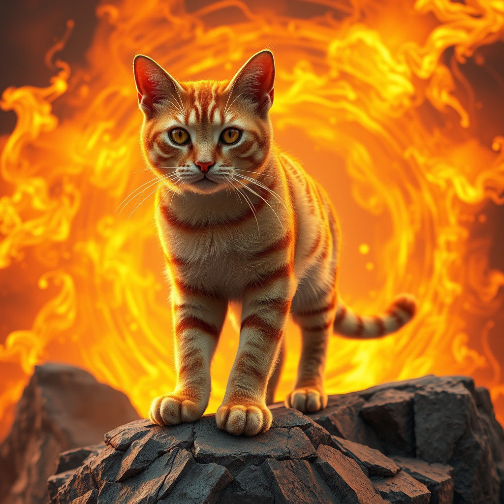 Majestic Orange Cat Amidst Dancing Flames