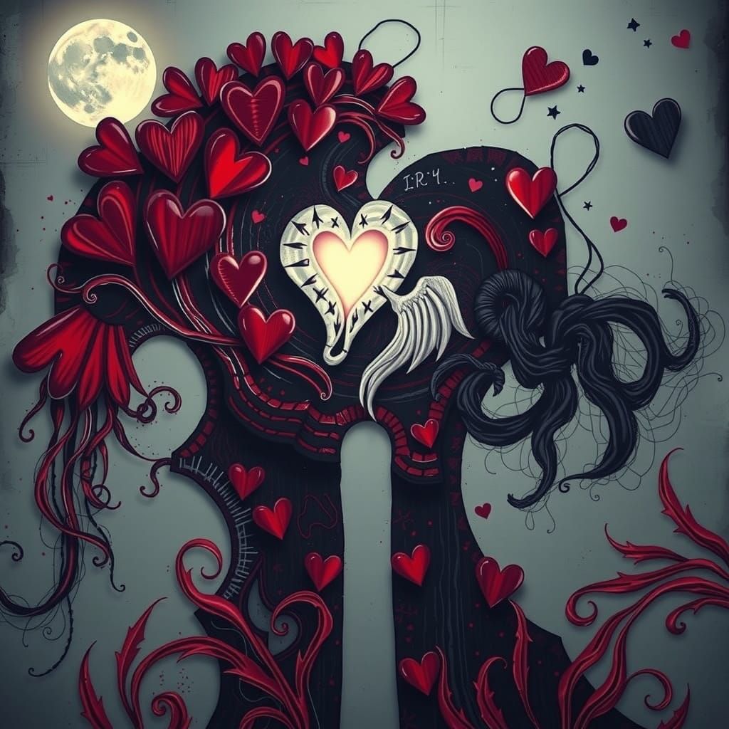 Surreal Gothic Valentine's Day Scene in Childlike Style