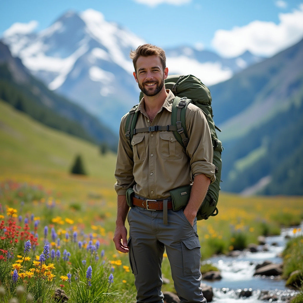 Alpine Hiker Portrait in Breathtaking Mountain Meadow
