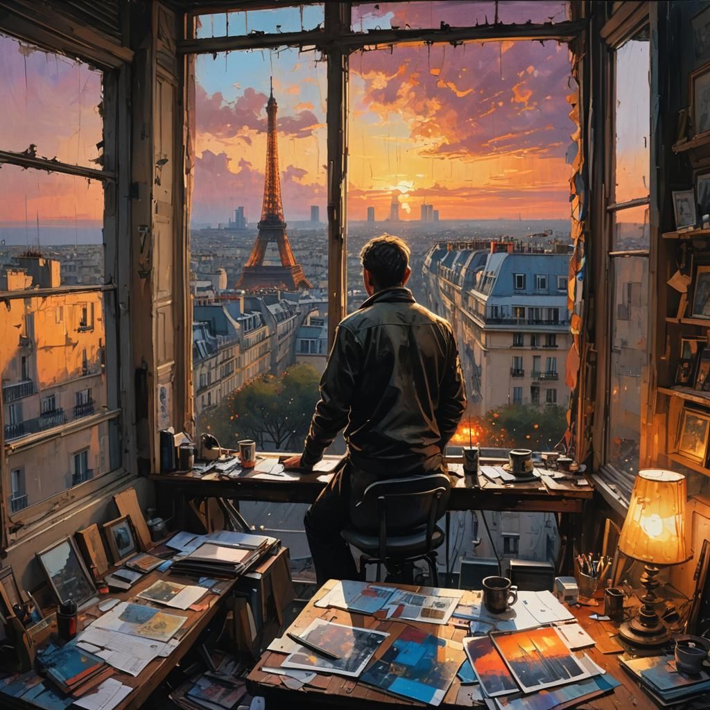 Paris Sunset View from Apartment, Detailed Matte Painting