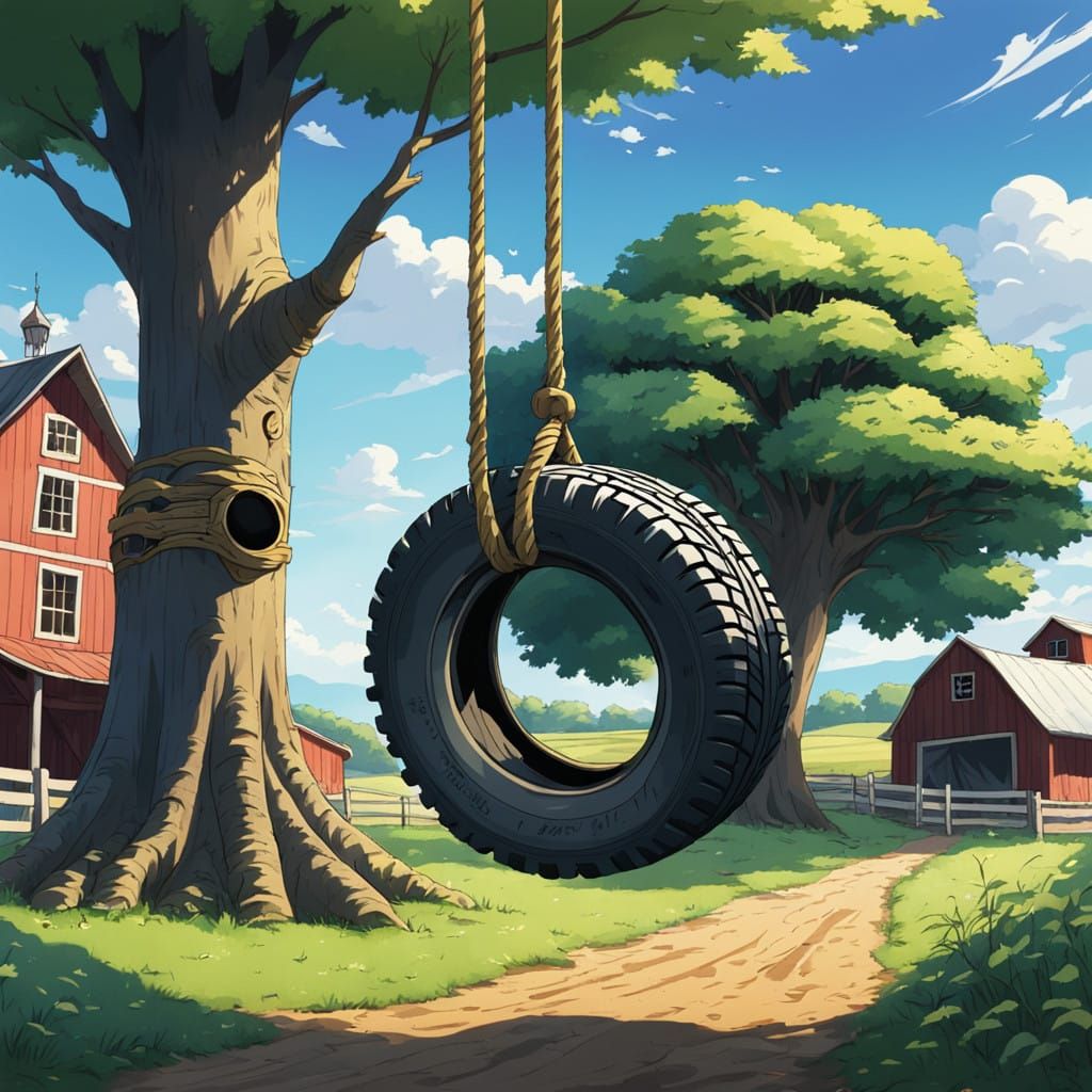 Anime Farm Scene with a Tire Swing Hanging from a Tree