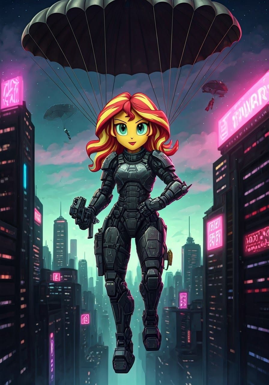 Cyberpunk Sunset Shimmer Mercenary Descending into Dystopia