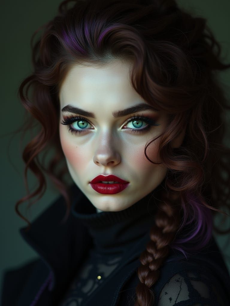 Gothic Portrait of a Woman with Emerald Eyes and Dark Makeup