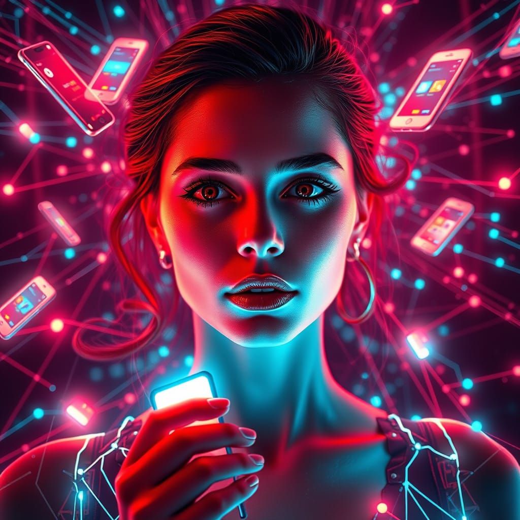 Neon-Lit Woman in Futuristic Communication Landscape