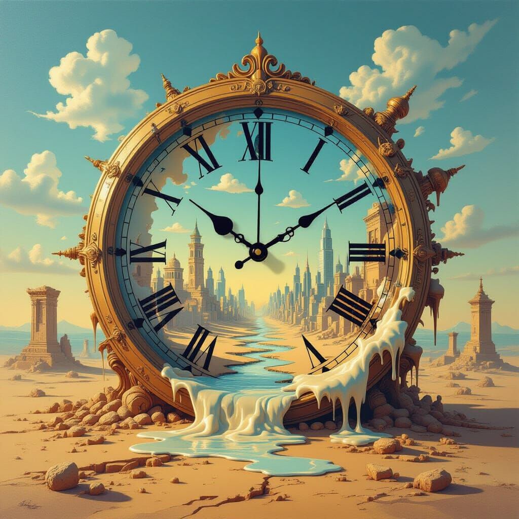 Melting Clock Portal Between Centuries in Surrealist Style