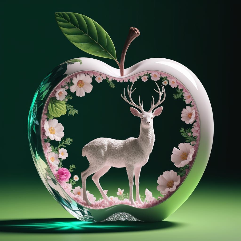 Crystal Apple Sculpture with Deer, Dreamy Surrealism