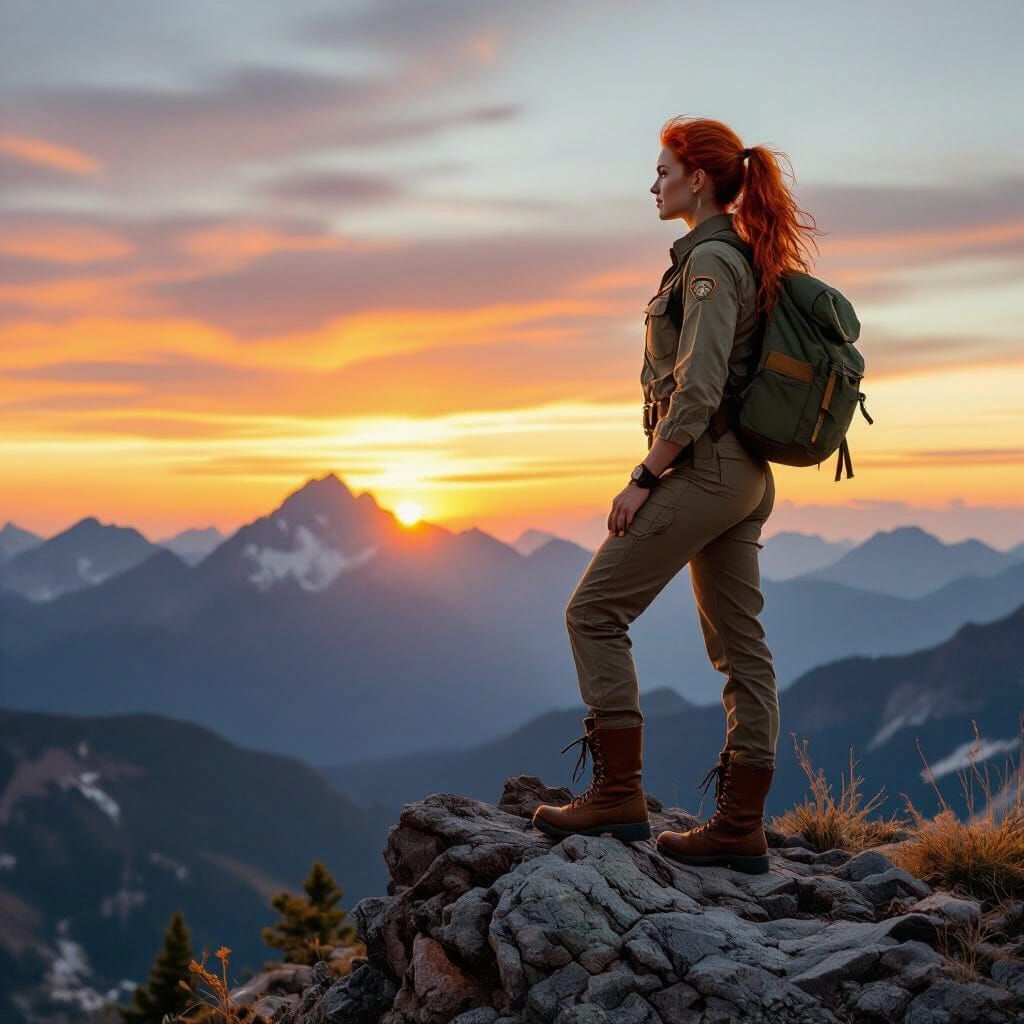 Park Ranger on Mountain Peak at Sunset