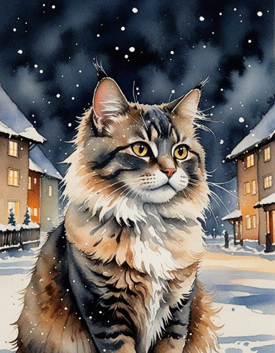 Whimsical Snowy Cat in Minimalistic Watercolour