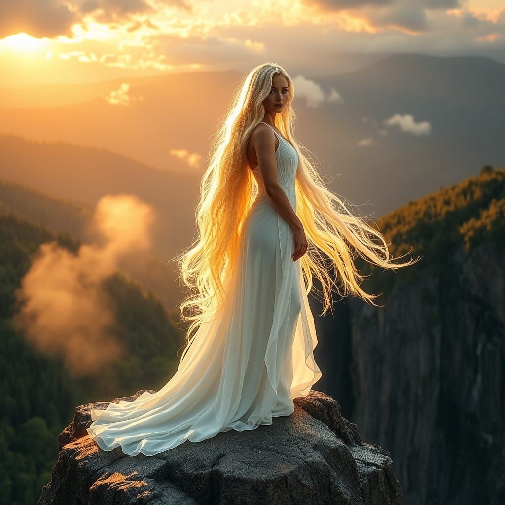 Majestic Waterfall Woman in Fantasy Landscape