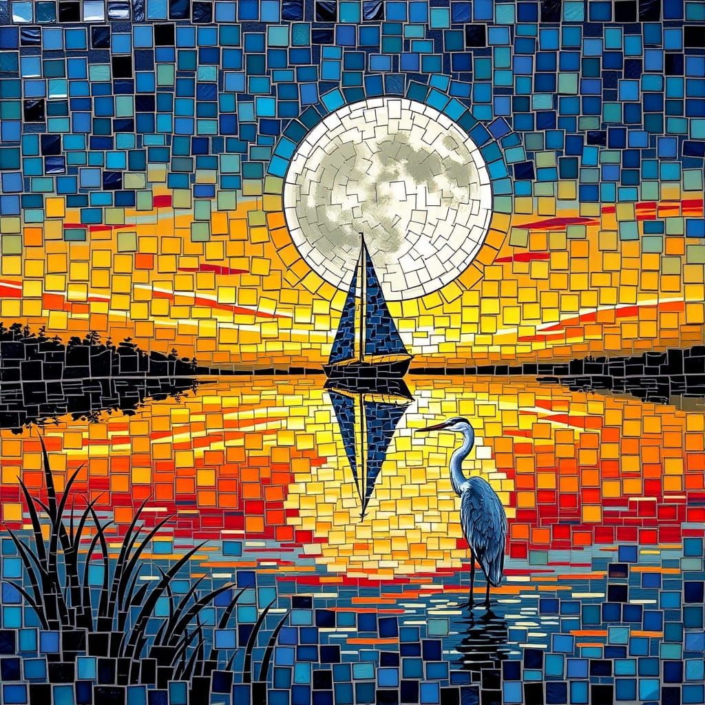 Surreal Sunset Landscape in Glass Mosaic Style